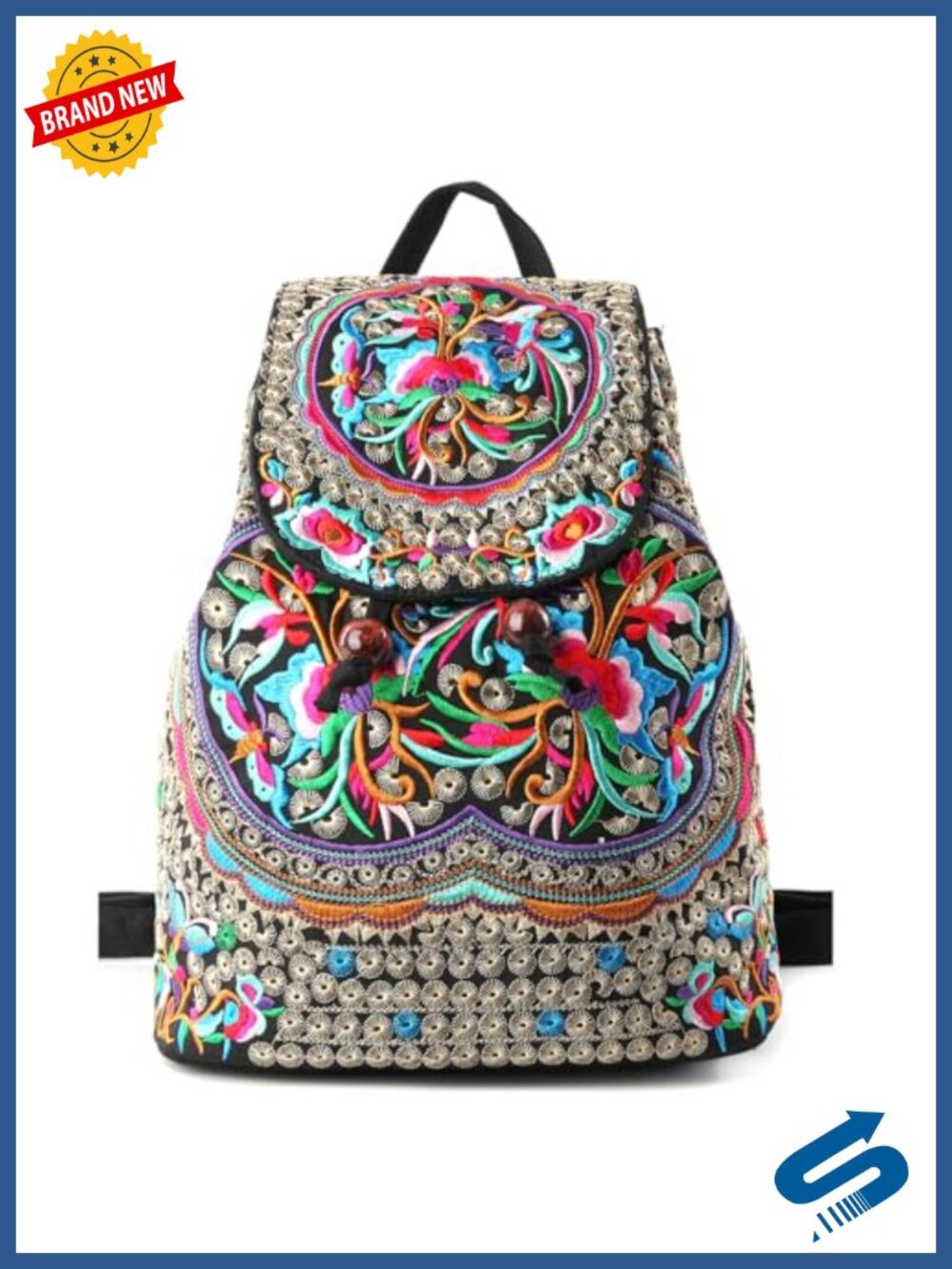 Embroidered Canvas Daypack Backpack for Women Floral Handbag Shoulder Bag Large